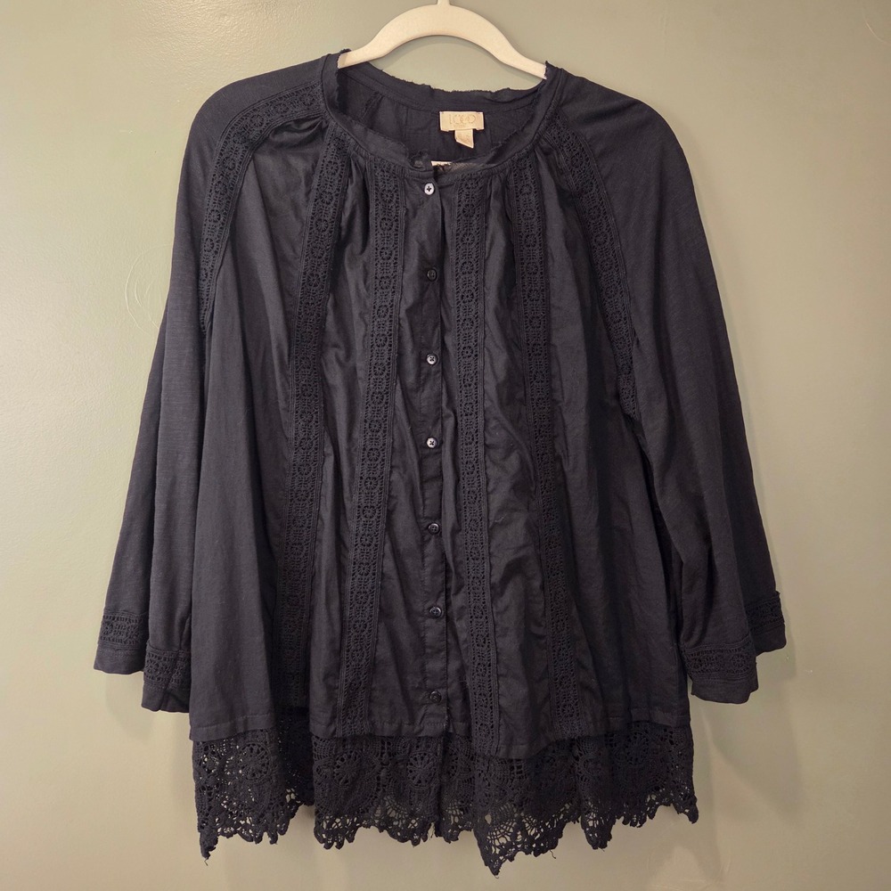 LOGO Lavish Women's 100% Cotton Button Up Blouse 3/4 Sleeve Crochet Trim Size L